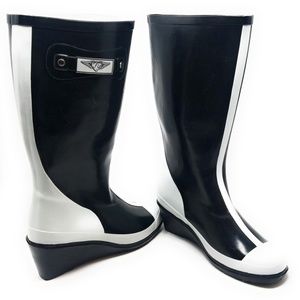 Women Black/White Rubber Wedge Rain Boots